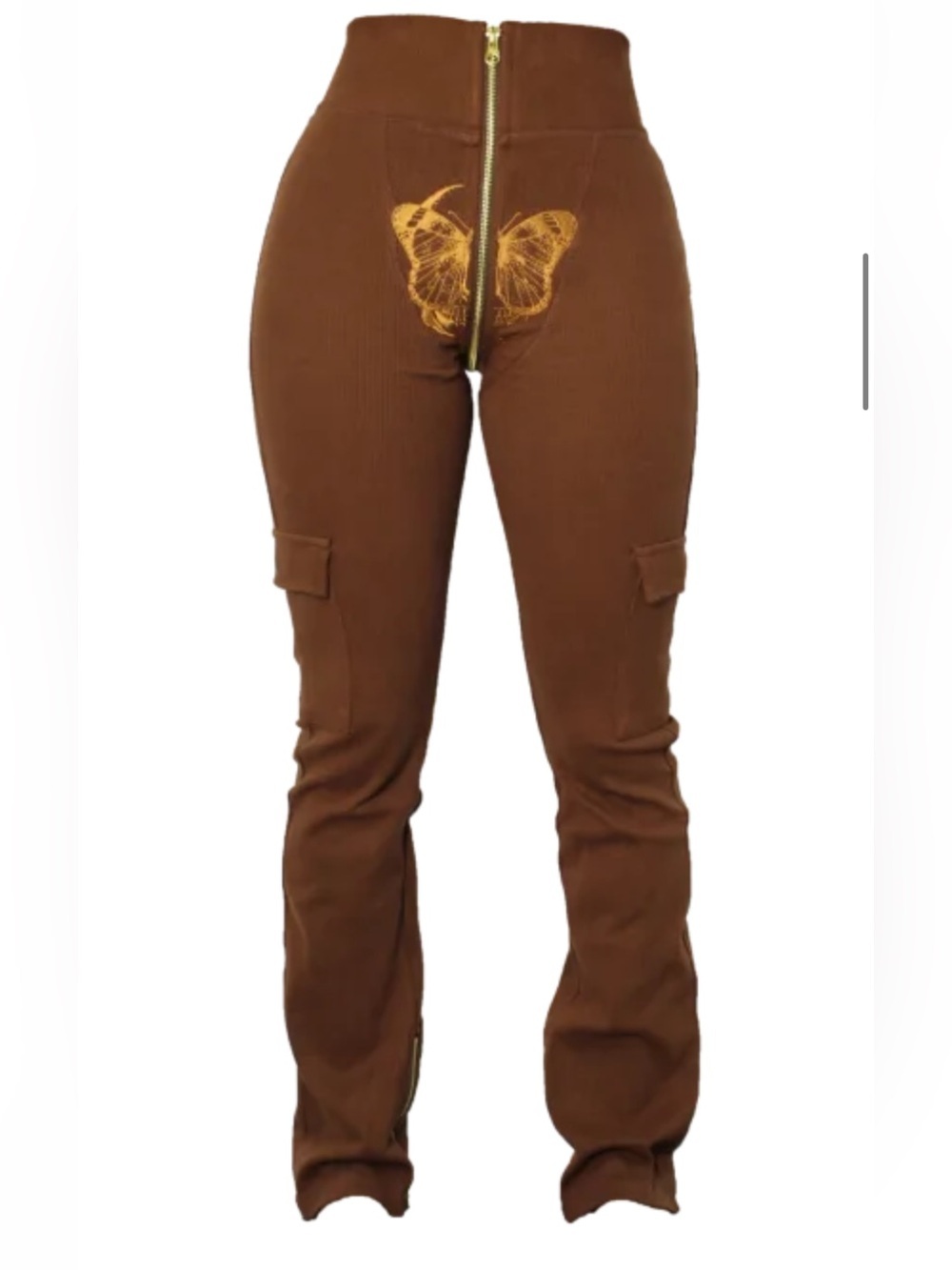 Tordrobes U-Zip Pants Women’s L Brown Butterfly Cargo Flare Ribbed Y2K